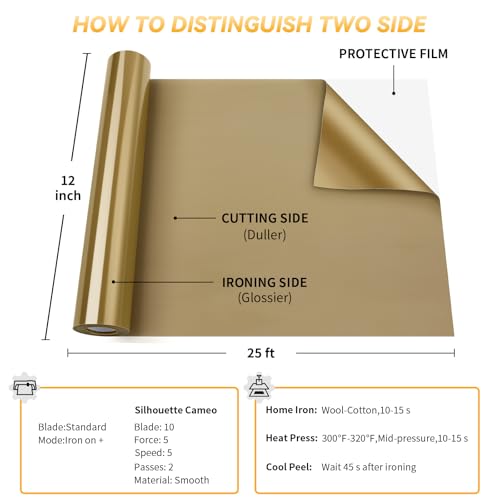 VinylRus Heat Transfer Vinyl-12” x 25FT Iron on Vinyl Roll for Shirts, HTV Vinyl for Silhouette Cameo, Easy to Cut & Weed(Gold) - Image 5