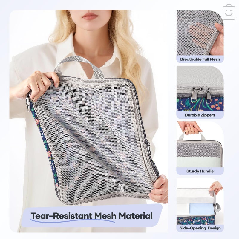 Veken 9/11 Set Compression Packing Cubes for Travel Essentials,Compressible Expandable Large Luggage Suitcase Organizer Bags for Clothing,Durable Space Saver Storage Bags(Dark Blue Floral) - Image 5