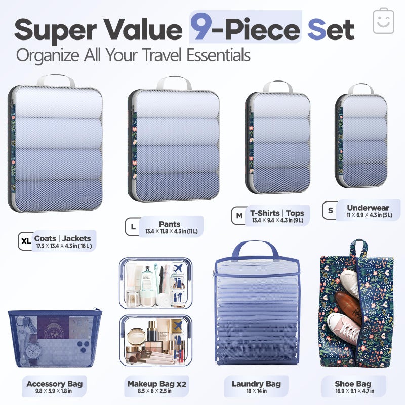 Veken 9/11 Set Compression Packing Cubes for Travel Essentials,Compressible Expandable Large Luggage Suitcase Organizer Bags for Clothing,Durable Space Saver Storage Bags(Dark Blue Floral) - Image 2