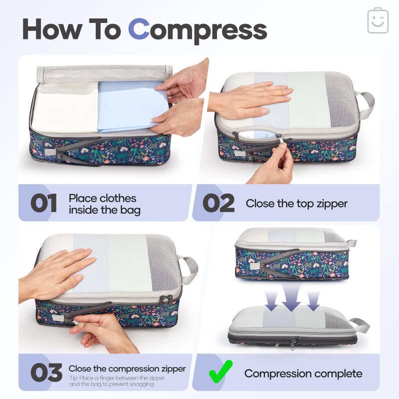 Veken 9/11 Set Compression Packing Cubes for Travel Essentials,Compressible Expandable Large Luggage Suitcase Organizer Bags for Clothing,Durable Space Saver Storage Bags(Dark Blue Floral) - Image 3