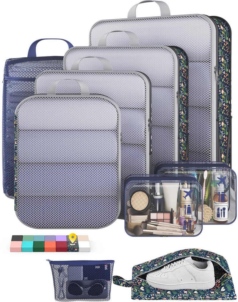 Veken 9/11 Set Compression Packing Cubes for Travel Essentials,Compressible Expandable Large Luggage Suitcase Organizer Bags for Clothing,Durable Space Saver Storage Bags(Dark Blue Floral) - Image 1