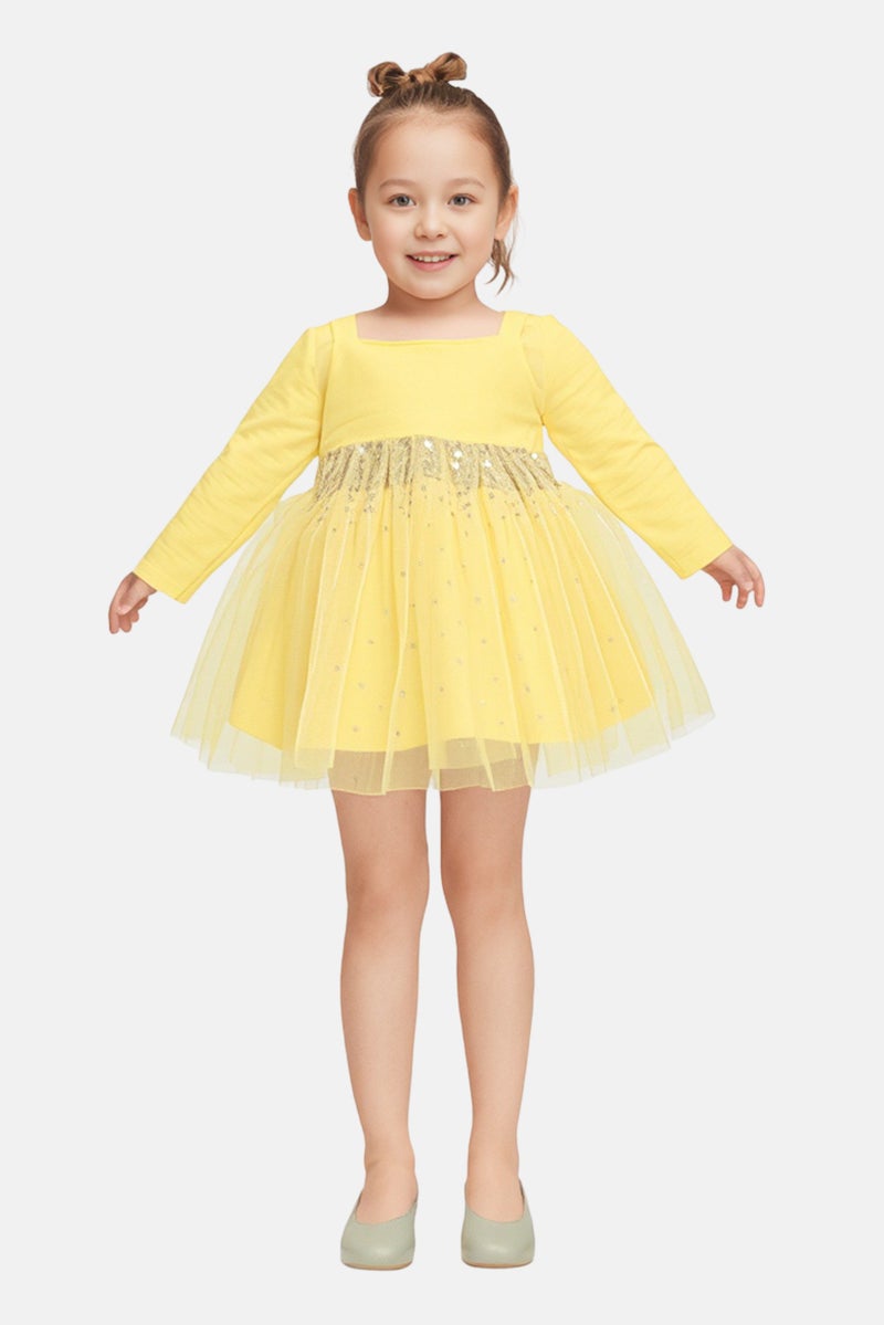 Hamleys Toddlers Girl Textured Long Sleeve Dress, Yellow - Image 1