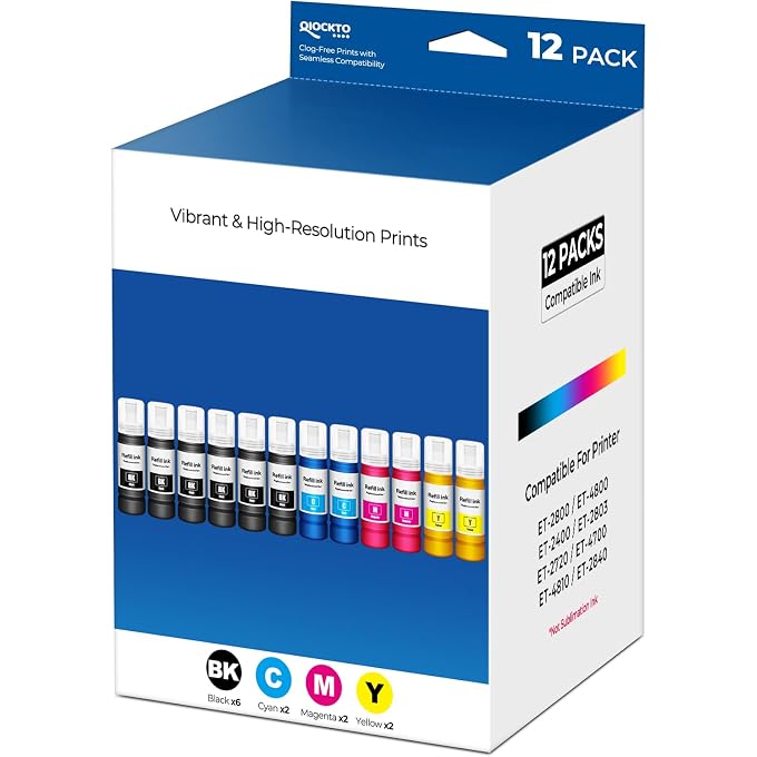 522 Ink Refill Bottles Replacement for Eco tank ET-2800 ET-2400 ET-4800 ET-2803 522 Ink Bottles for ET2800 ET2400 ET4800 ET2803 ET-2720 ET-4700 ET-4810 ET-2840 2800 2400 4800 2803 2720 Printer 12 Pack