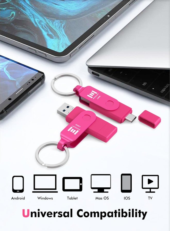 MOSDART 128GB USB3.1 Fast Speed C and A Dual Flash Drive, exFAT Memory Stick with Keychain and LED Indicator, for iPhone 15,16,17, Android Phone, iPad, MacBook, and Other Laptops, Hot Pink - Image 3