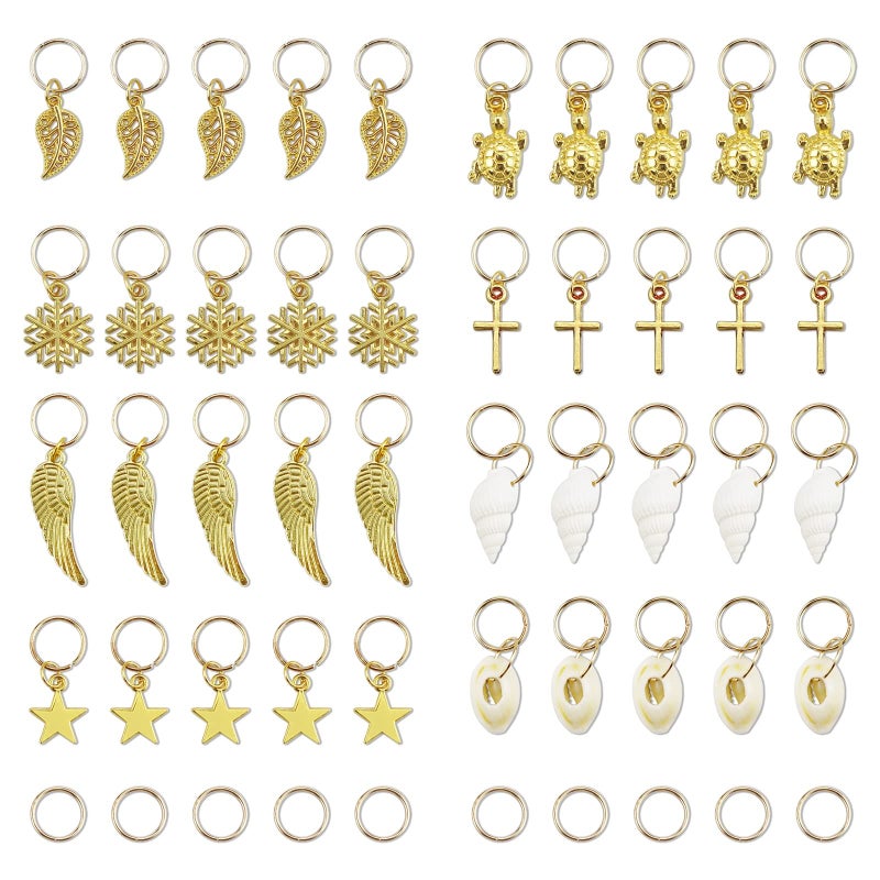 JIALEEY Hair Braid Rings 50PCS Hair Loops Clips Gold Ring Shell Leaves Star Conch Snowflake Pendant Charms Set Hair Clip Headband Accessories