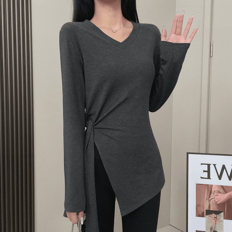 Irregular Side Slit Waist Slimming Pure Color Versatile Round Neck V Neck Long Sleeve Slimming Look Long Sleeve T-Shirt Bottoming Shirt Top - Image 5