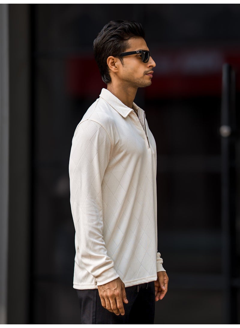 Maniac Maniac Mens Textured Polo Neck Full Sleeve Cream Jacquard Fabric Polo T-Shirt - Image 5