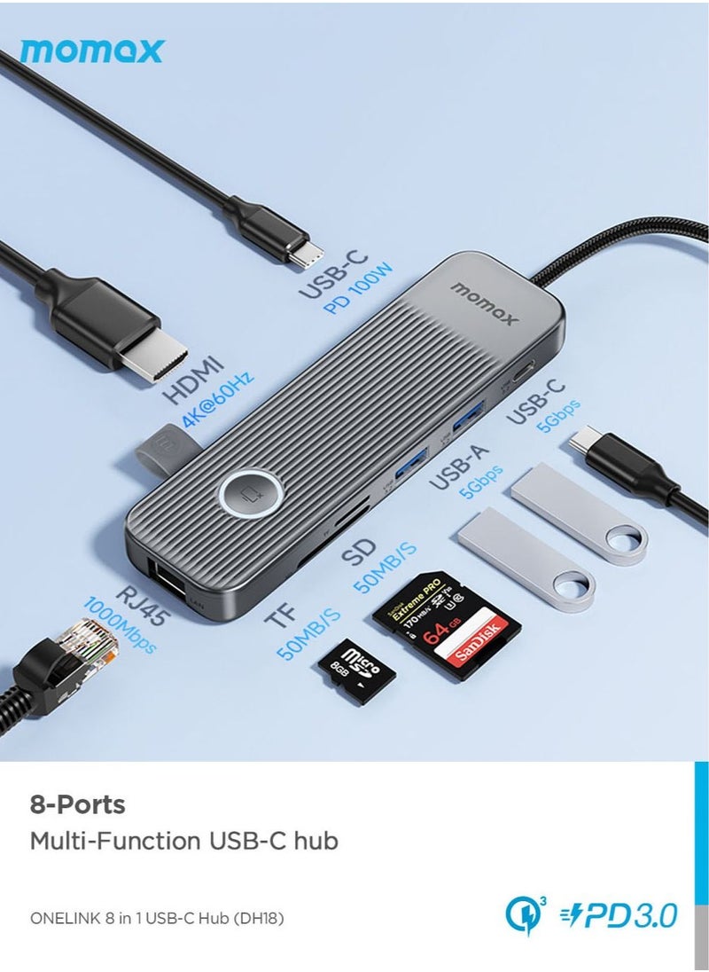 ONELINK 8 in 1 multi-function USB-C Hub USB-C 3.2 Up to 5Gps USB-C 100W PD 3.0 Charging and Data Transfer - Space Grey