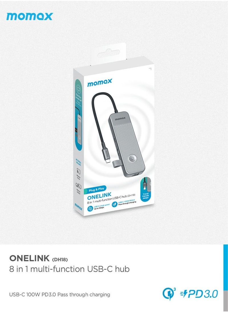 ONELINK 8 in 1 multi-function USB-C Hub USB-C 3.2 Up to 5Gps USB-C 100W PD 3.0 Charging and Data Transfer - Space Grey