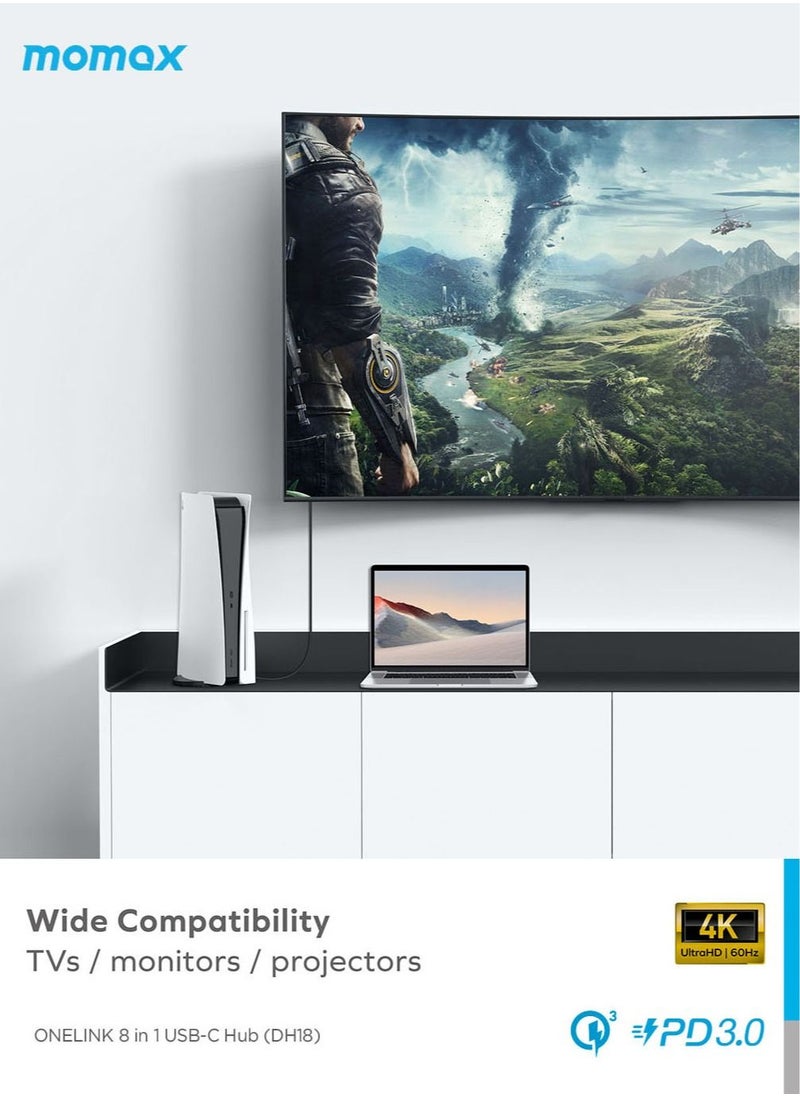 ONELINK 8 in 1 multi-function USB-C Hub USB-C 3.2 Up to 5Gps USB-C 100W PD 3.0 Charging and Data Transfer - Space Grey