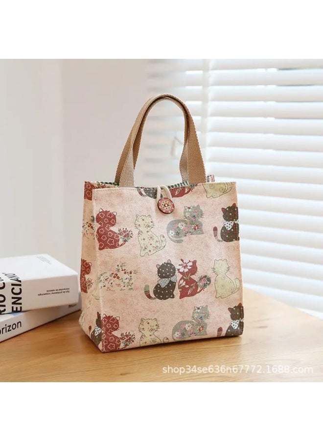 Canvas Lunch Box Bag Large Capacity Lunch Bag Lunch Bag Office Worker Hand Lunch Bag Cute Mommy Lunch Bag-Color:Pink Cat Medium - Image 1