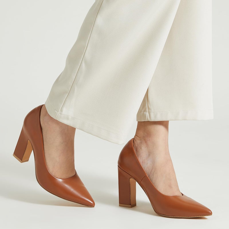 Trary Brown Heels Women's Closed Pointed Toe Chunky Pumps Block High Heels Comfortable Slip-On Office Party Wedding Dress Shoes 3.54" Heels Size 8 - Image 2