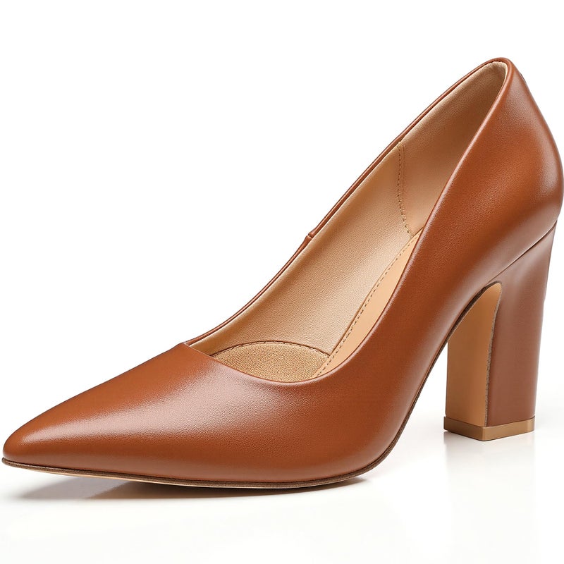 Trary Brown Heels Women's Closed Pointed Toe Chunky Pumps Block High Heels Comfortable Slip-On Office Party Wedding Dress Shoes 3.54" Heels Size 8 - Image 1