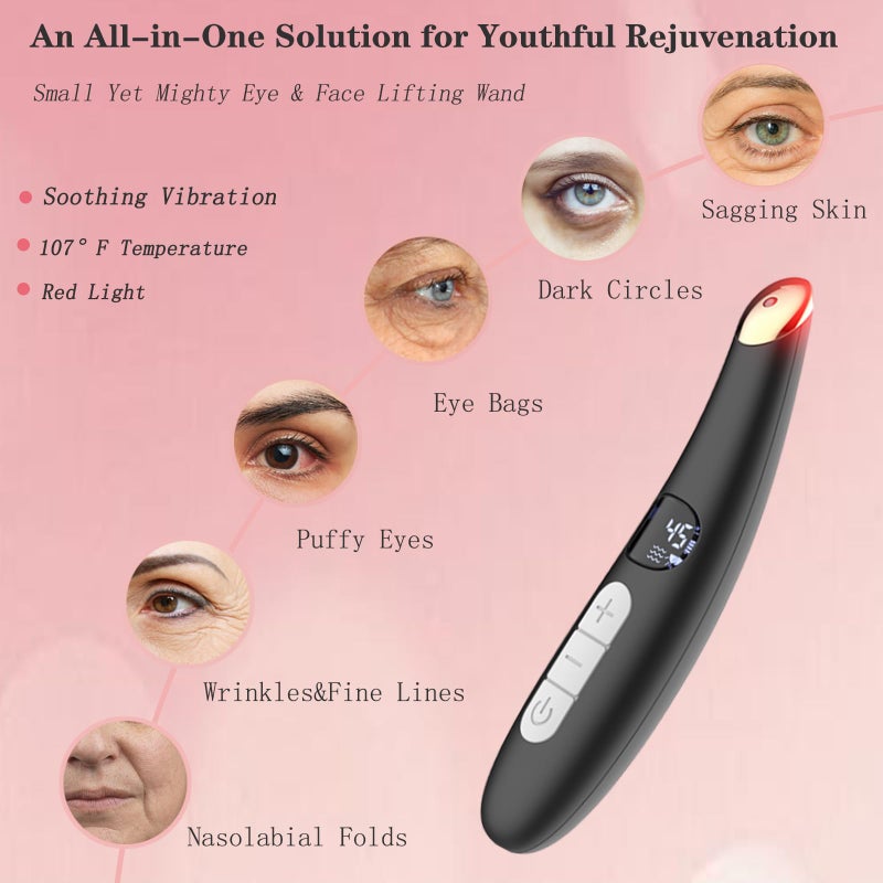 Vowleike Eye Lift Wand, 3 in 1 Vibrating 98Â°F to 113Â°F LCD Eye Massager for Dry Eyes, Dark Circles and Puffiness, Face & Neck Lifting Tool for Fine Lines and Wrinkles, Black - Image 2