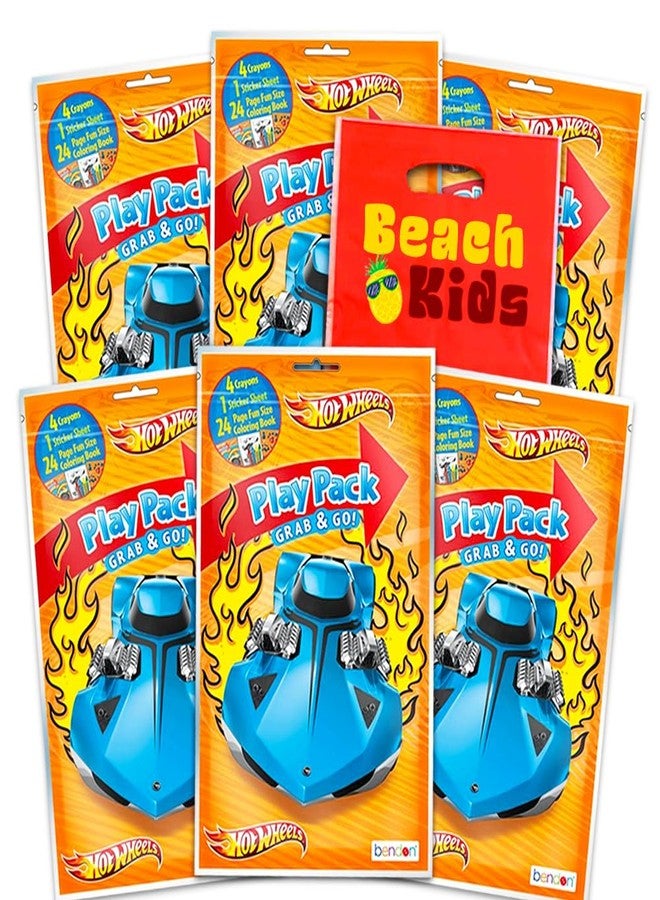 Hot Wheels Party Favors Pack ~ 6 Hot Wheels Play Packs Filled with Stickers, Coloring Books, Crayons, and Beach Kids Loot Bags (Hot Wheels Supplies) - Image 1