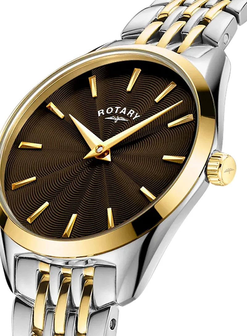 Rotary Women's Ultra Slim Analogue Watch, 27 mm, Brown Dial, Two-Tone Steel Bracelet
