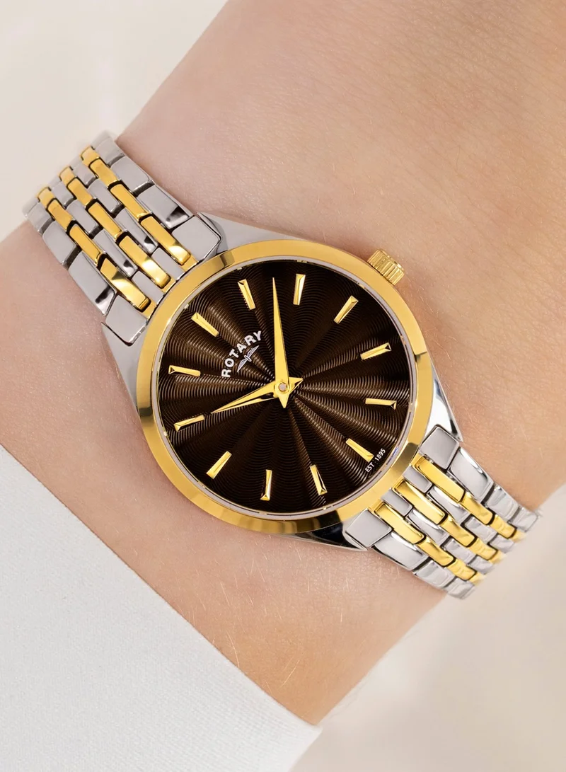 Rotary  Women's Ultra Slim Analogue Watch, 27 mm, Brown Dial, Two-Tone Steel Bracelet for Women | Best Price UAE