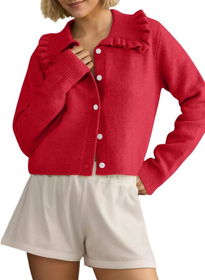 HOCANDY Womens Ruffle Collar Cardigan Sweater Button Up Open Front Fall Knit Jackets Cute Long Sleeve Button Down Cardigans, Red, L - Image 1