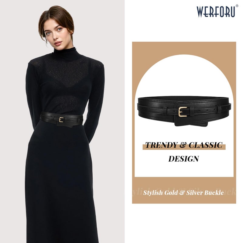 WERFORU Women Wide Waist Belts for Dress Women Fashion Wide Leather Belt 2-in-1 Waistband with Thin Belts for Dress, A-Black-gold buckle, Fit Waist Size 33"-38" - Image 2
