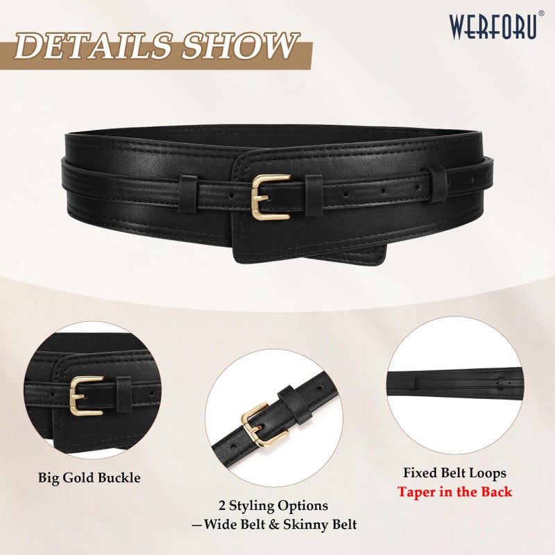 WERFORU Women Wide Waist Belts for Dress Women Fashion Wide Leather Belt 2-in-1 Waistband with Thin Belts for Dress, A-Black-gold buckle, Fit Waist Size 33"-38" - Image 5