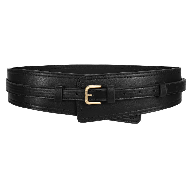 WERFORU Women Wide Waist Belts for Dress Women Fashion Wide Leather Belt 2-in-1 Waistband with Thin Belts for Dress, A-Black-gold buckle, Fit Waist Size 33"-38" - Image 1