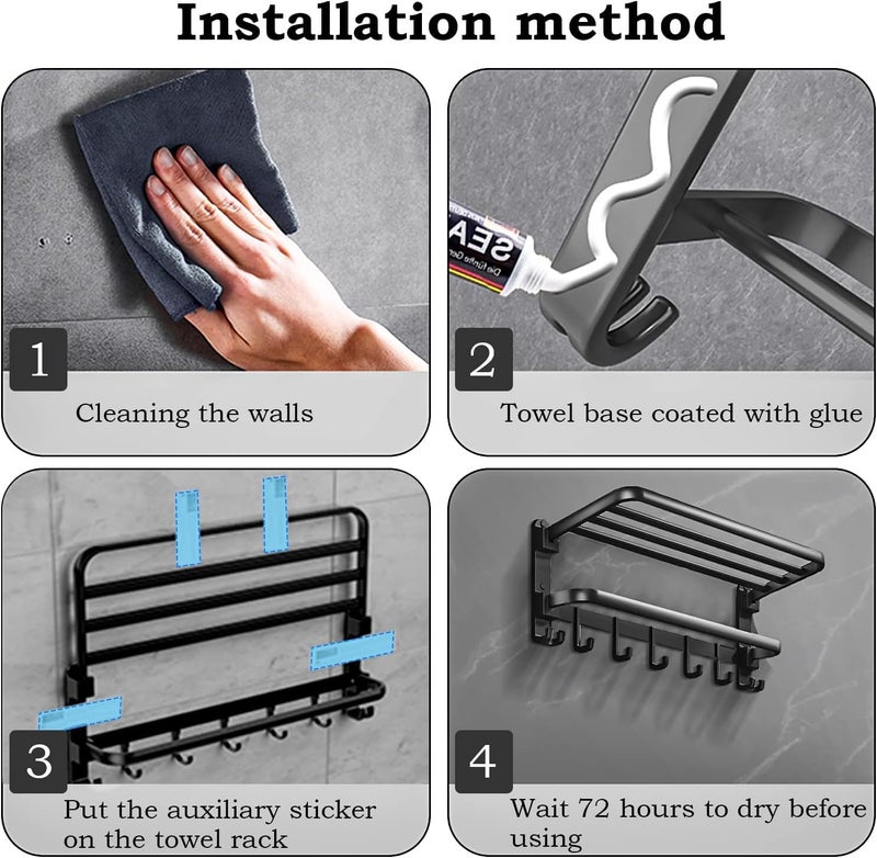Rustproof 304 Stainless Steel Bathroom Towel Holder – Wall Mounted Towel Rack with 60cm Top Shelf – Durable Modern Space Saving Towel Rack (Black) - Image 5