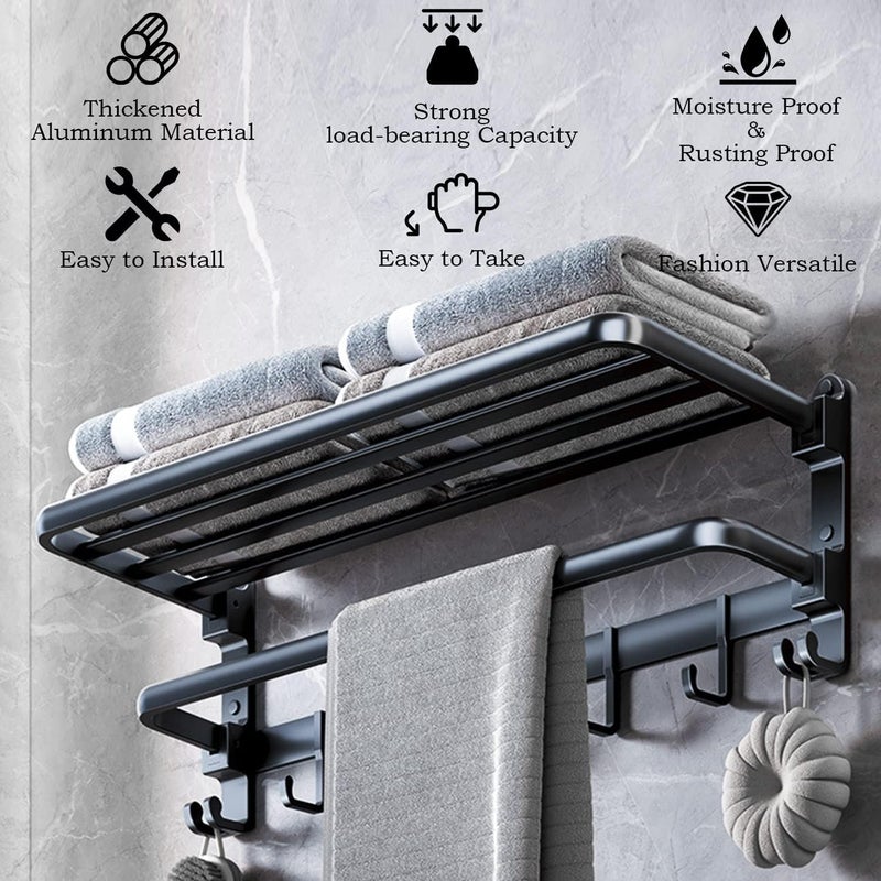 Rustproof 304 Stainless Steel Bathroom Towel Holder – Wall Mounted Towel Rack with 60cm Top Shelf – Durable Modern Space Saving Towel Rack (Black) - Image 3