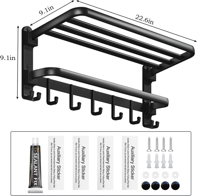 Rustproof 304 Stainless Steel Bathroom Towel Holder – Wall Mounted Towel Rack with 60cm Top Shelf – Durable Modern Space Saving Towel Rack (Black) - Image 2