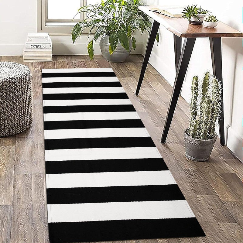 KOZYFLY Black and White Striped Runner Rug 2x6 Ft Washable Hallway Runner Rug Farmhouse Kitchen Rug Hand Woven Cotton Indoor Outdoor Rug for Kitchen Hallway Bedroom Laundry Room
