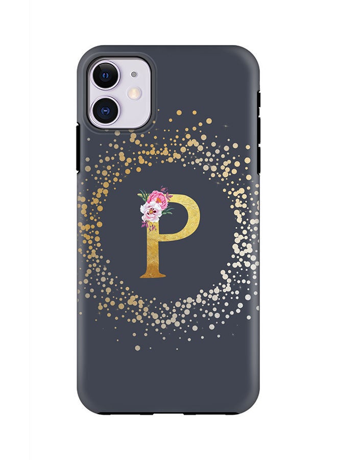 Stylizedd Monogram Tough Cover for Apple iPhone 11 Case Custom Initials Letter Floral Pattern Tough Pro Dual Layer hybrid PC inner TPU protection Alphabet- P (Grey) - Image 1