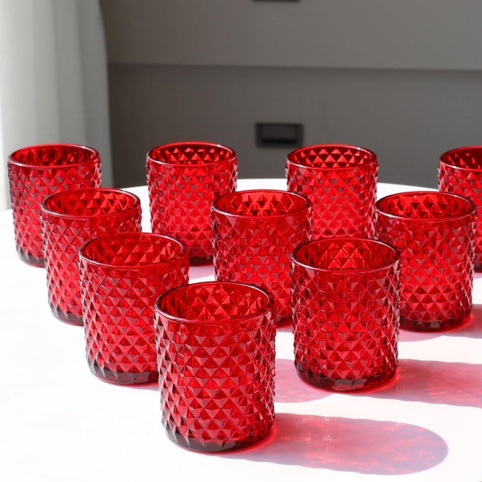 RED VOTIVE CANDLE HOLDERS BULK SET OF 12 GLASS TEA LIGHTS CANDLE HOLDER FOR WEDDING TABLE CENTERPIECE STUDDED DIAMOND TEALIGHT CANDLE HOLDER FOR CHRISTMAS PARTY HOLIDAY HOME DECOR