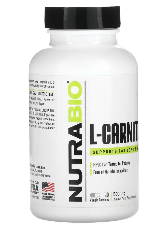 NutraBio L-Carnitine 500 mg 90 Veggie Capsules - Image 2
