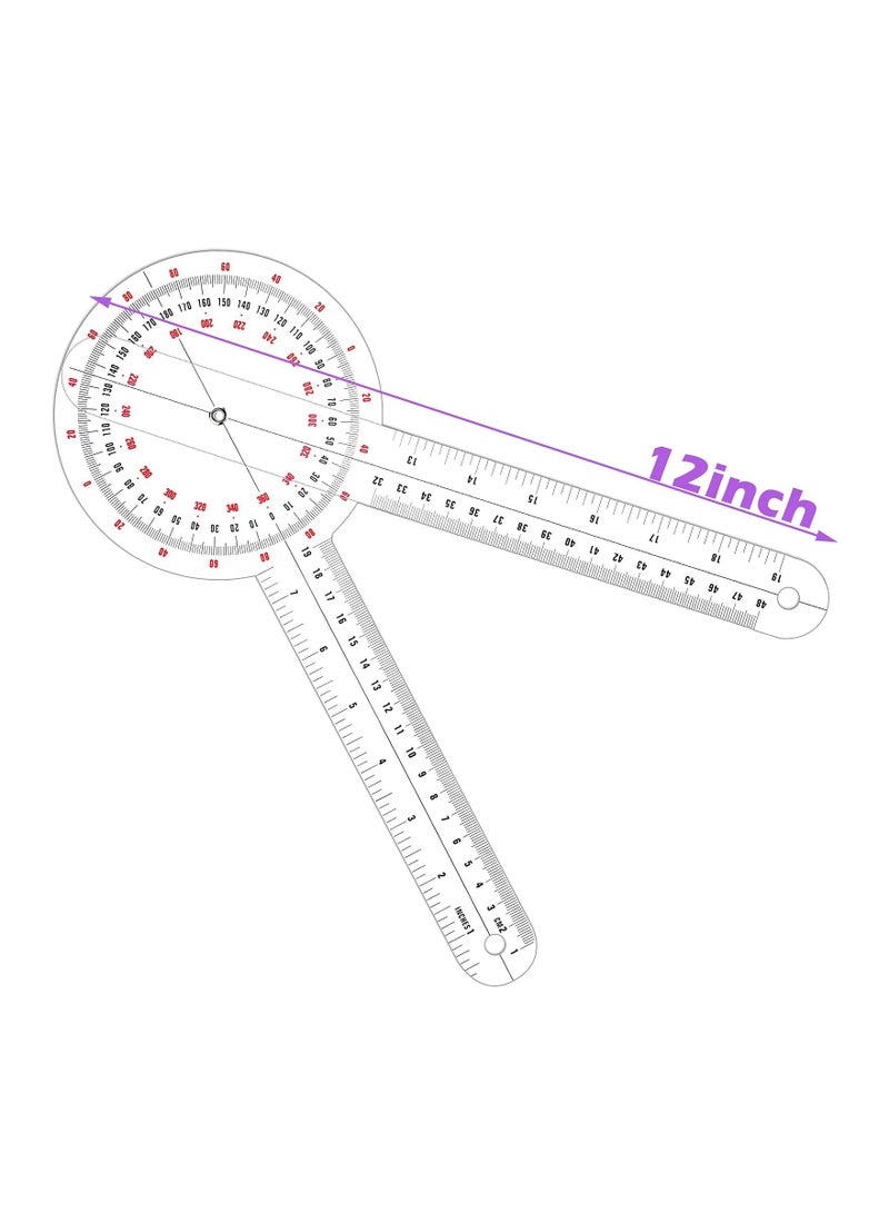 Transparent Goniometer, 12 Inch Orthopedic Angle Ruler Plastic Goniometer 360 Degree for Body Measuring Tape Goniometer Protractor Ruler - Image 2