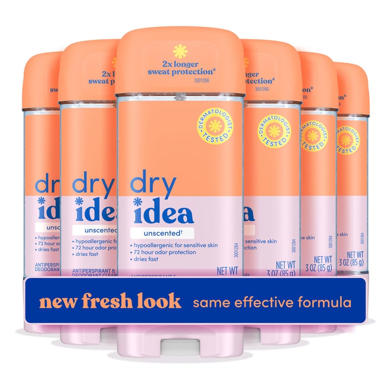 Dry Idea Gel Deodorant  Antiperspirant  2X Longer Sweat Protection  72Hour Odor Protection  Unscented  Hypoallergenic for Sensitive Skin 3 oz 6 count