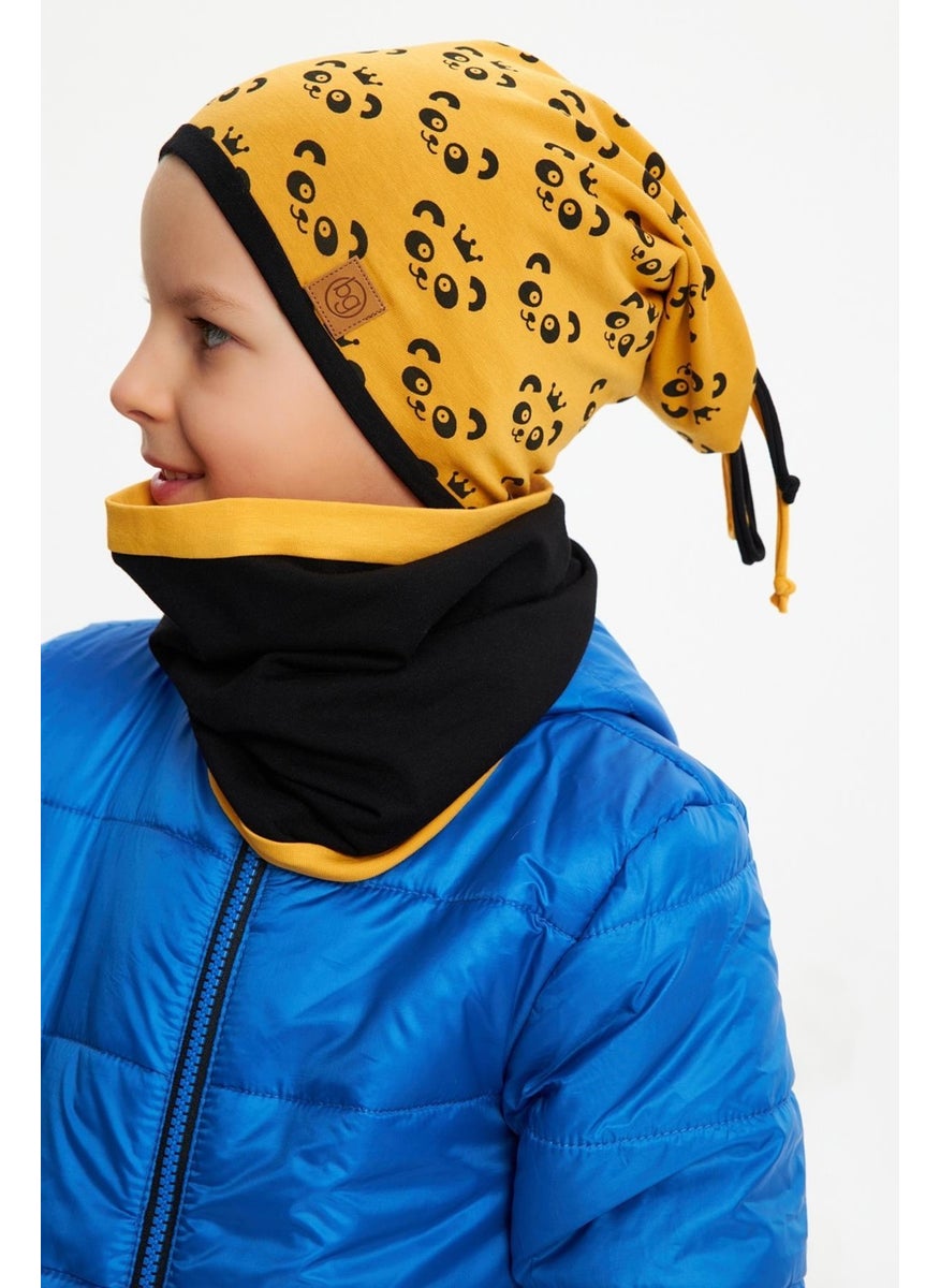 Babygiz Mustard Boy's Panda Patterned Beret Neck Collar Set Soft Double Layer 100% Natural Cotton Combed Cotton  - Image 1