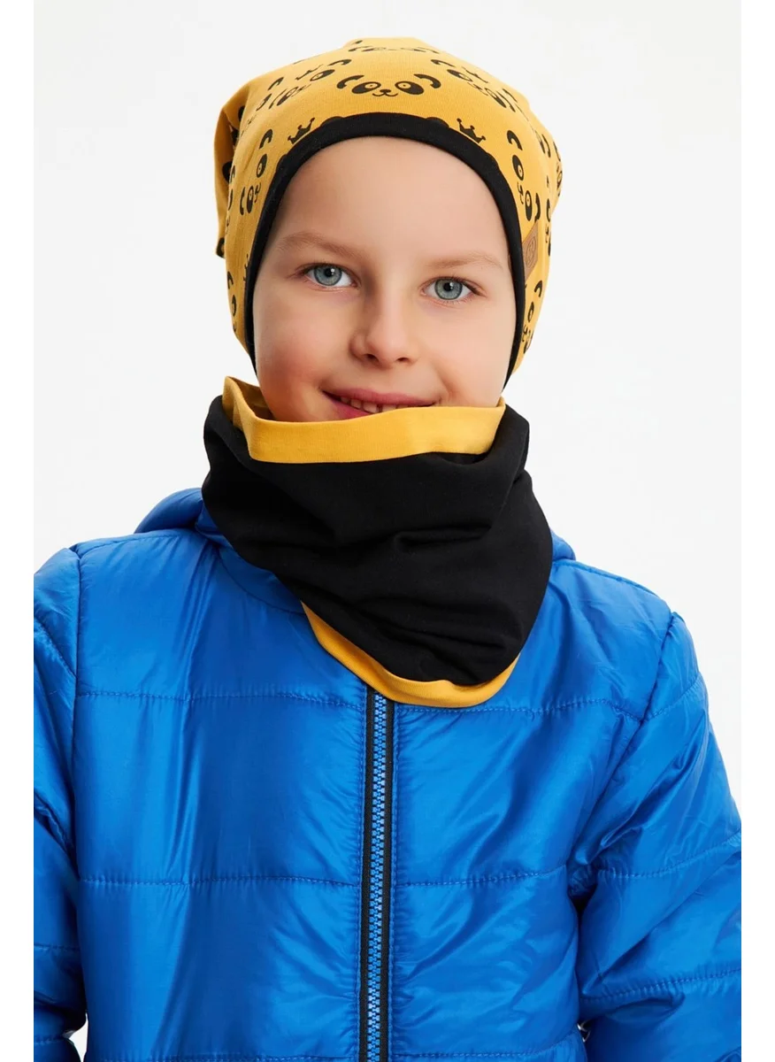 Babygiz Mustard Boy's Panda Patterned Beret Neck Collar Set Soft Double Layer 100% Natural Cotton Combed Cotton