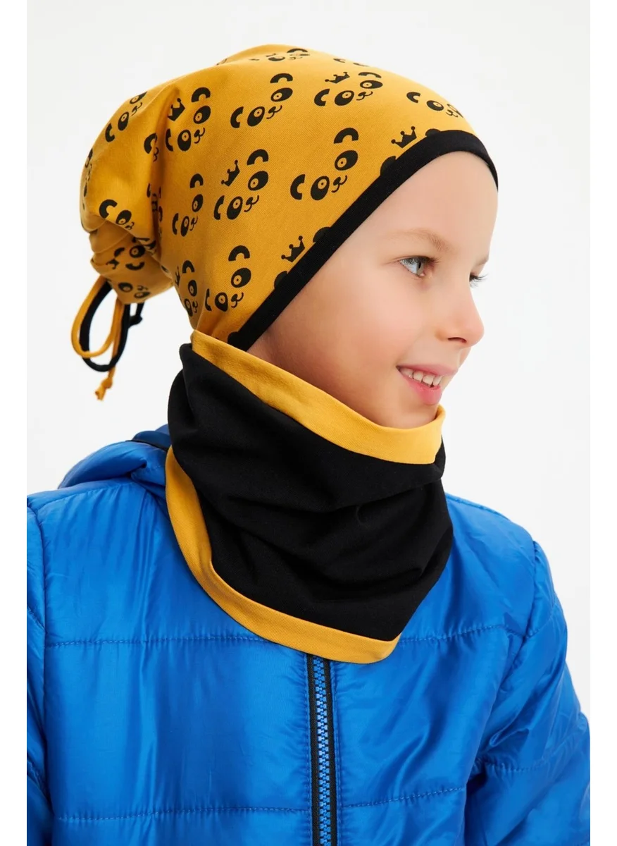 Babygiz Mustard Boy's Panda Patterned Beret Neck Collar Set Soft Double Layer 100% Natural Cotton Combed Cotton