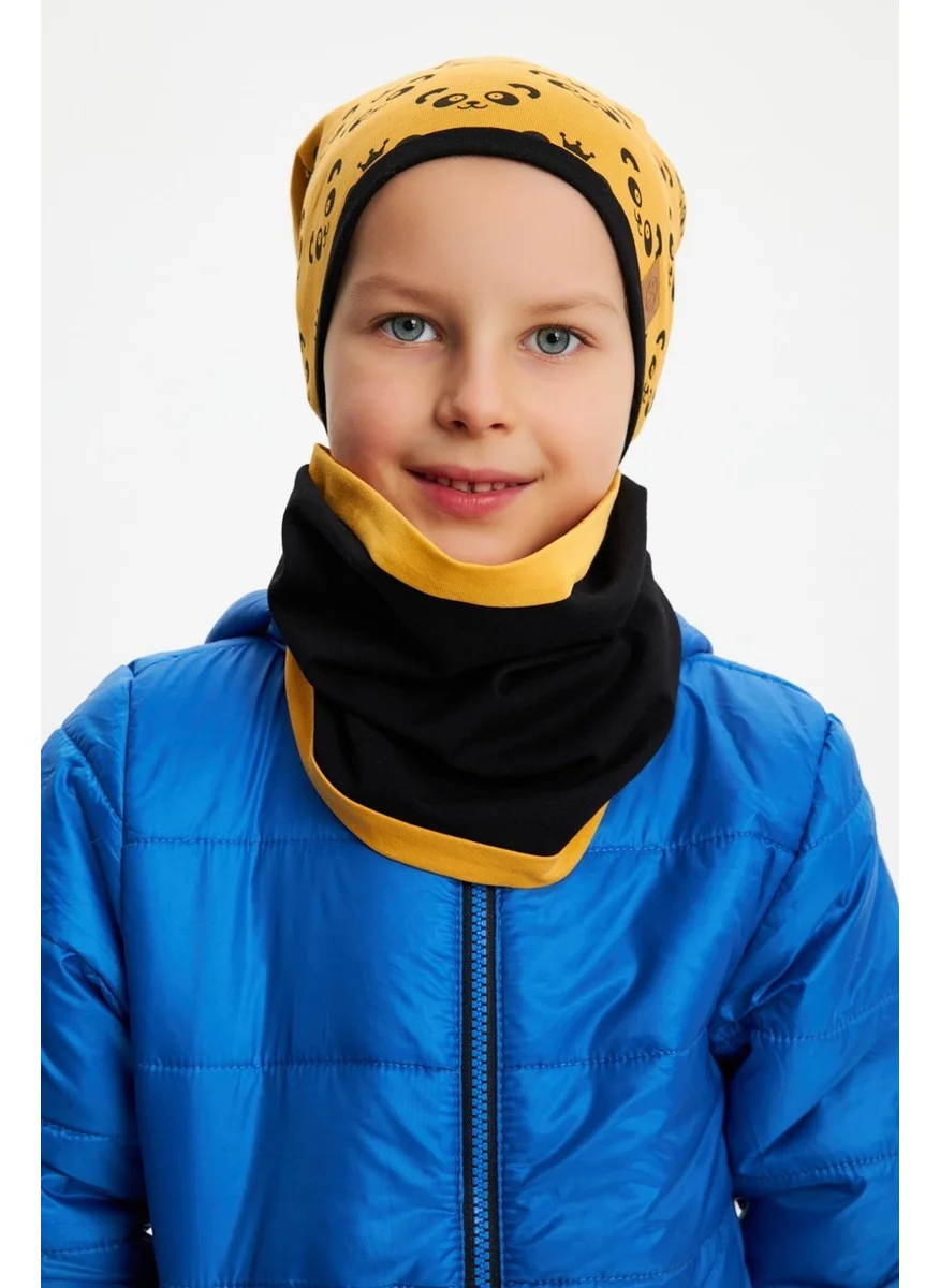 Babygiz Mustard Boy's Panda Patterned Beret Neck Collar Set Soft Double Layer 100% Natural Cotton Combed Cotton