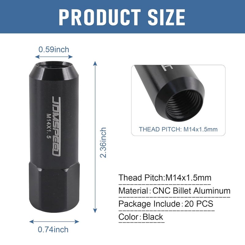 JDMSPEED New Black 20PCS 14X1.5MM 60MM Extended Forged Aluminum Tuner Racing Lug Nut - Image 2