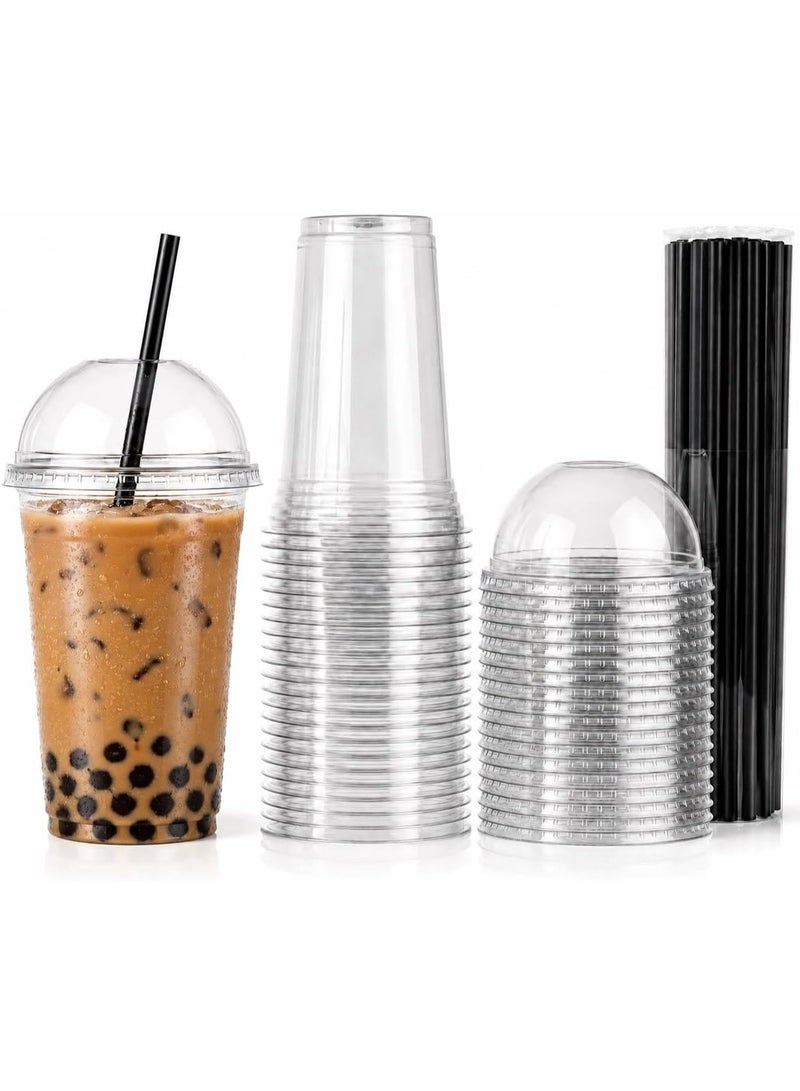 Disposable Plastic iced coffee cups 8oz 100 PCs with Dome lids and straws. Clear Disposable Plastic cups for Cold drink, iced coffee, Milkshakes, Smoothies, Juices. Eco friendly BPA free. - Image 1