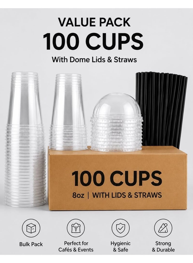 Disposable Plastic iced coffee cups 8oz 100 PCs with Dome lids and straws. Clear Disposable Plastic cups for Cold drink, iced coffee, Milkshakes, Smoothies, Juices. Eco friendly BPA free. - Image 2