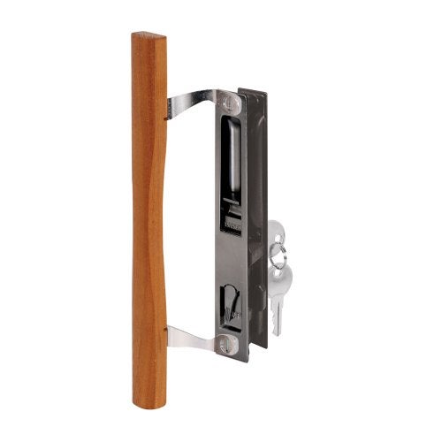 Prime-Line C 1032 Keyed Sliding Glass Door Handle Set – Replace Old or Damaged Door Handles Quickly –Wood and Black Painted Diecast, Hook Style, Flush Mount, Fits 6-5/8 in. Hole Spacing (1 Set) - Image 1