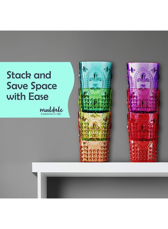 Muldale Vintage Plastic Drinking Glasses Set of 6 - Colored Embossed Acrylic Party Highball Tumblers 13.5oz - Stackable Boho Poolside Drinkware - BPA Free - Image 3