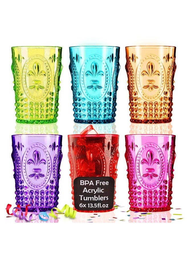 Muldale Vintage Plastic Drinking Glasses Set of 6 - Colored Embossed Acrylic Party Highball Tumblers 13.5oz - Stackable Boho Poolside Drinkware - BPA Free - Image 1