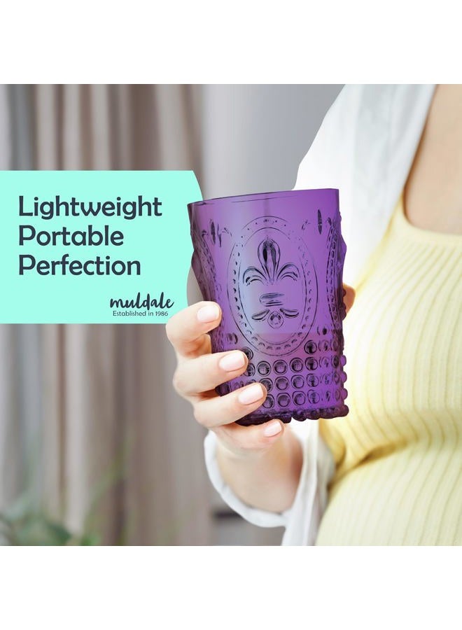 Muldale Vintage Plastic Drinking Glasses Set of 6 - Colored Embossed Acrylic Party Highball Tumblers 13.5oz - Stackable Boho Poolside Drinkware - BPA Free - Image 4