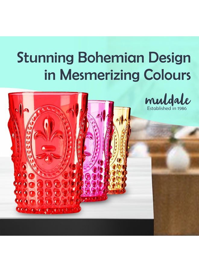 Muldale Vintage Plastic Drinking Glasses Set of 6 - Colored Embossed Acrylic Party Highball Tumblers 13.5oz - Stackable Boho Poolside Drinkware - BPA Free - Image 2