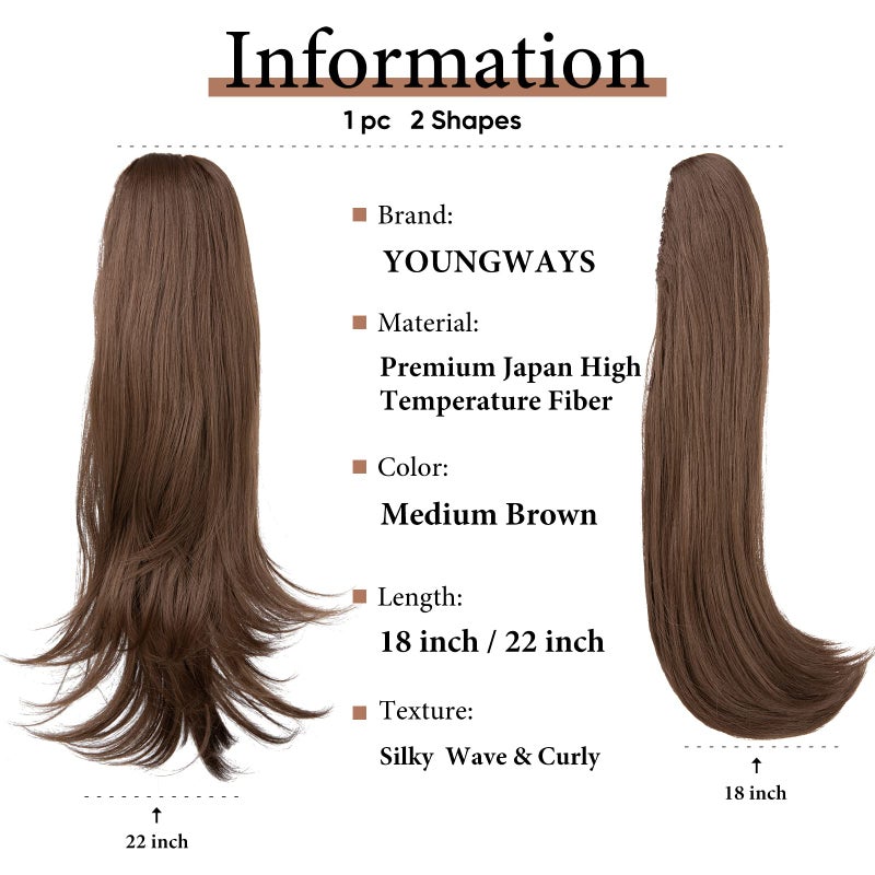 youngways Clip in Ponytail Extension Medium Brown 18 Inch Pony Tails Hair Extensions for Women Long Straight Curly Tail Ponytail Hair piece Synthetic Fake Versatile Pony - Image 3