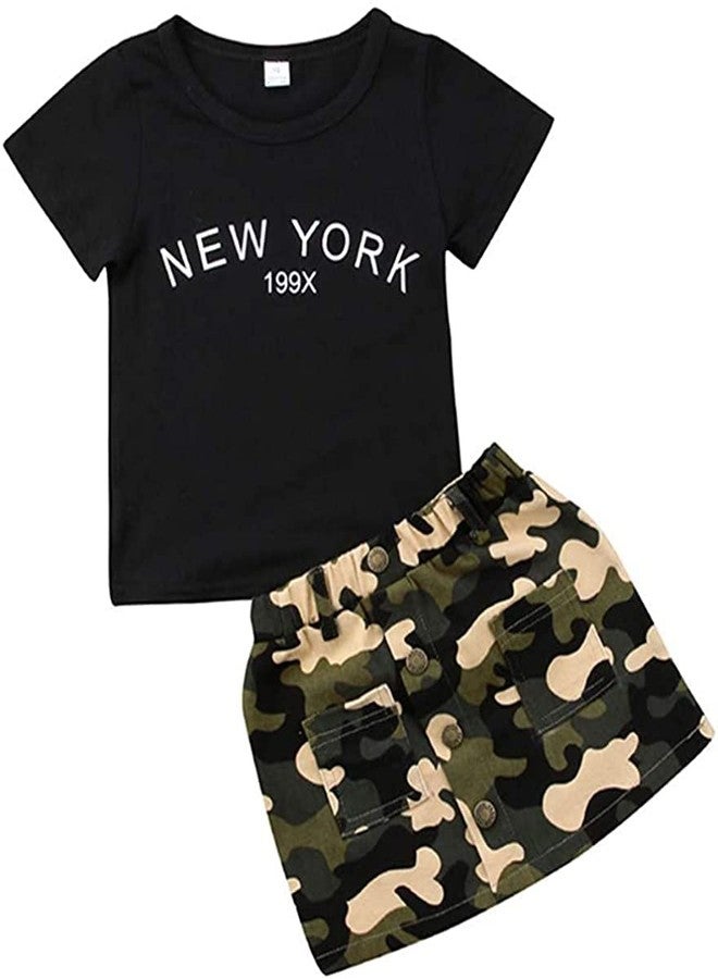 BOIZONTY Toddler Baby Girls Camouflage Outfit Black Letter Tops T-Shirt + Skirt Dress Shorts Summer Two Piece Clothes Set (Black,2-3 Years) - Image 1
