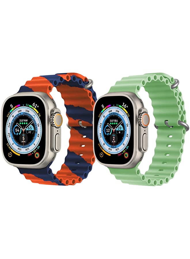 IAF Silicone Ocean Band Strap for Apple Watch Ultra 8 49mm Orange/Blue Double Line Strap with Mint Green Single Color Strap Set of 2