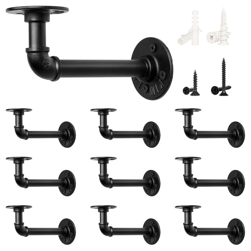 LuckIn 10 Pack Pipe Shelf Brackets for DIY 8 10 12 Inch Floating Shelves Industrial Iron Pipe Bracket Heavy Duty Metal Shelving Brackets Black